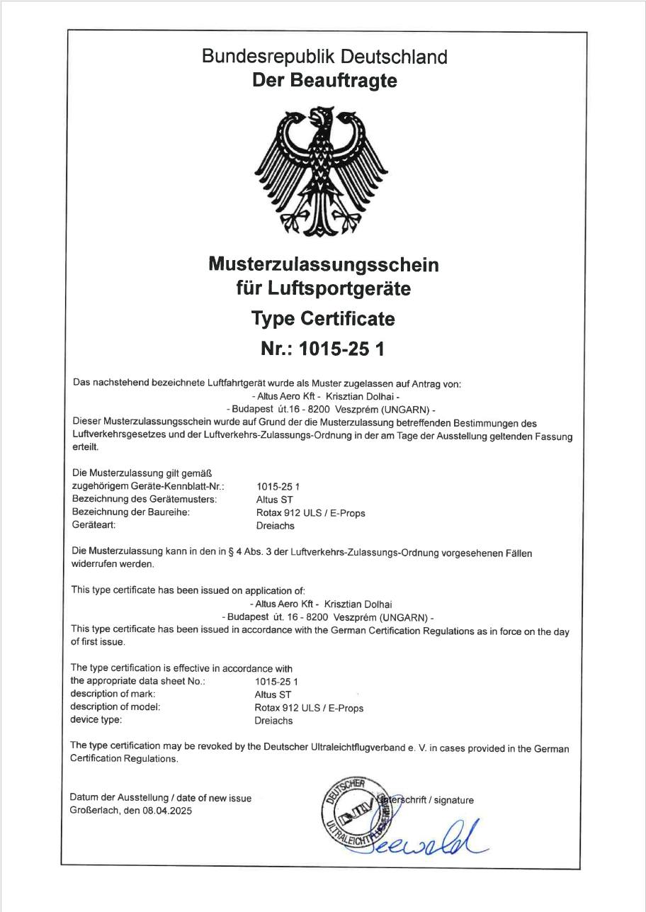 Altus DULV 600 Type Certificate